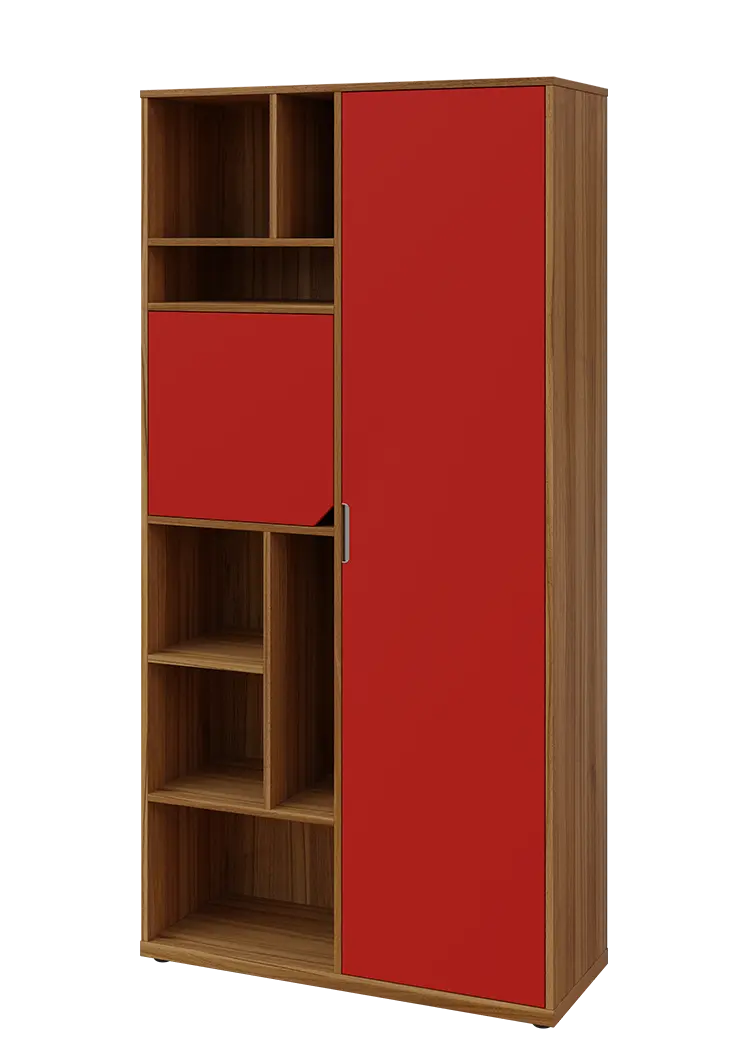 KSR6-83 P skříň šatní, 1x výsuvné ramínko, dvířka, niky, 2053x1022x400 mm, provedení pravé, ořech světlý/červená